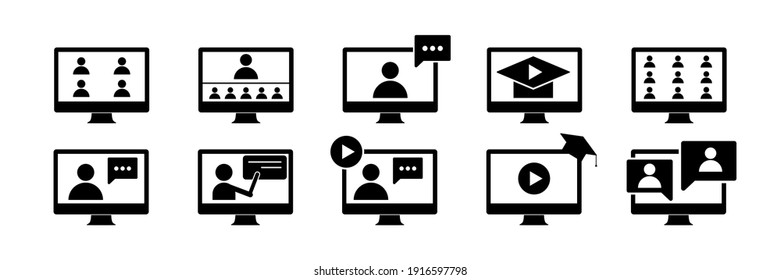 Online training vector icon. on-line school. video conference. internet webinar. Video call study. Computer based distance education. laptop class media course. isolated on white background.