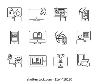 Online training vector illustration icon collection set. Distance internet learning concept with computer, tablet or phone. Knowledge development and graduation diploma. Isolated lecture with teacher.