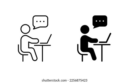 Online Training, Video Conference Chat on Laptop Pictogram Set. Person Sit and Use Computer Silhouette and Line Icon. Virtual Webinar Meeting Discussion. Editable Stroke. Isolated Vector Illustration.