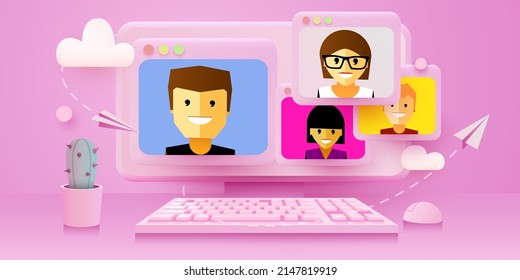 Online training, video conference and remote education concept. Computer with video call. Landing page