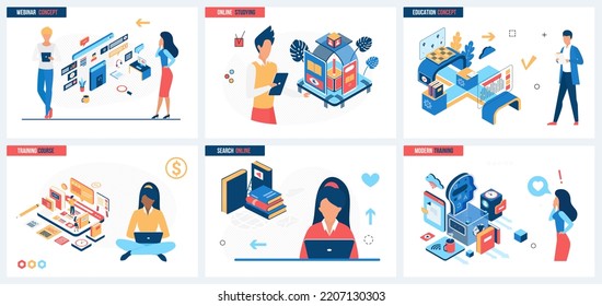 Online training, video service for webinar, digital lesson set vector illustration. Cartoon people study at desk with laptop, future machine concept for banner, website design or landing web page