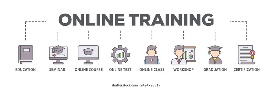 Online training web banner icon vector illustration concept consists of education, seminar, online course, online test, online class, workshop, graduation, certification live stroke and easy to edit