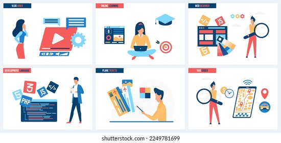 Online training, web design and development of programming language, taxi and plane tickets order set vector illustration. Cartoon tiny people create creative vlog content, develop program code