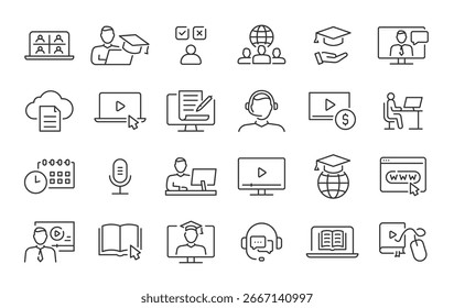 Iconos web de entrenamiento en línea en estilo de línea. Educación, seminario, prueba en línea, seminario web, curso, colección de aprendizaje a distancia. Ilustración vectorial.
