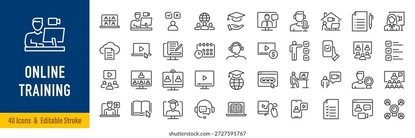 Iconos web de entrenamiento en línea en estilo de línea. Educación, seminario, prueba en línea, seminario web, curso, colección de aprendizaje a distancia. Trazo editable. Ilustración vectorial.
