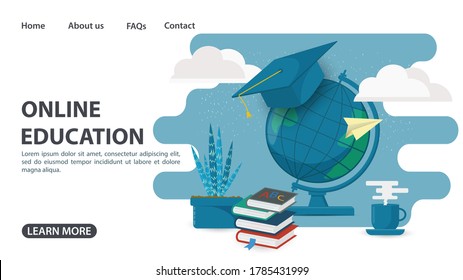 Online training, web page design, globe with books, home education on computer Internet technologies, flat vector illustration cartoon