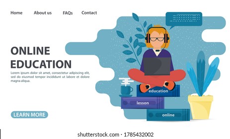 Online training, web page design, a Guy sitting with a laptop on books, home education on computer Internet technologies, flat vector illustration cartoon
