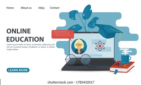 Online training, web page design, Laptop with eyeglasses and a book, home education on computer Internet technologies, flat vector illustration cartoon