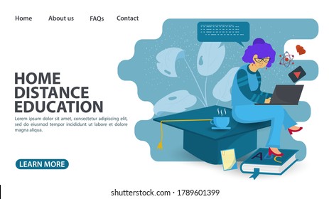 Online training, web page design, girl with laptop sitting, education with computer Internet technologies, flat vector illustration cartoon