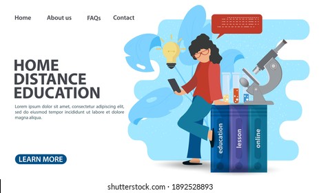 Online training, web page design, a girl takes a picture on her phone next to a microscope, home education in computer Internet technologies, flat vector illustration cartoon