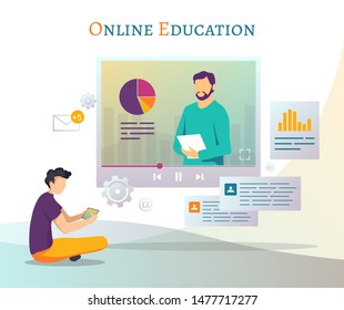 Online training, webinar, distance education, e-Learning concept. Young man with a gadget studying in an online learning platform. Vector illustration for poster, banner, brochure, presentation.