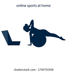 Online training. Woman at home, exercise lying on her side on a ginastic ball, laptop - icon, isolated on white background - vector. Mental health Yoga. Fitness Pilates.