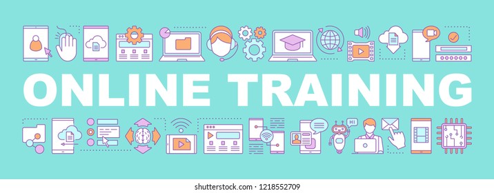 Online training word concepts banner. E-learning. Digital services. Customer support. Presentation, website. Blogging. Isolated lettering typography idea with linear icons. Vector outline illustration