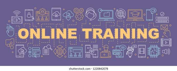 Online training word concepts banner. E-learning. Digital services. Customer support. Presentation, website. Blogging. Isolated lettering typography idea with linear icons. Vector outline illustration