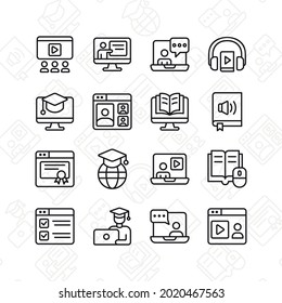 Online training and workshop icon set. Contains such Icons as online course, presentation, e-learning, and more. Line style design. Vector graphic illustration.