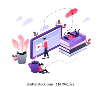 Online training, workshops and courses visualization flat 3d web isometric infographic concept vector template. Small people look at the screen and using cloud technology. Vector illustration