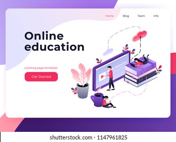 Online training, workshops and courses visualization flat 3d web isometric concept vector landing page template. Small people look at the screen and using cloud technology. Vector illustration