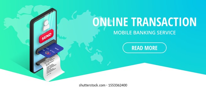 Online Transaction Banner Design. Mobile Bank Isometric Template With Smartphone ATM, Credit Card, User Icon And Button. Online Payment 3d Concept, Sending Money Vector Illustration For Web, Apps, Ad
