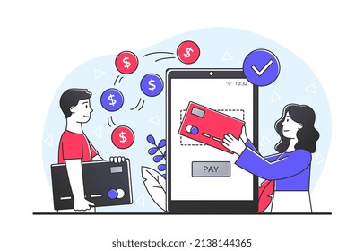 Online transaction concept. Man with wallet and girl with card next to smartphone. Modern technologies and digital world, transfers and payment for goods on Internet. Cartoon flat vector illustration