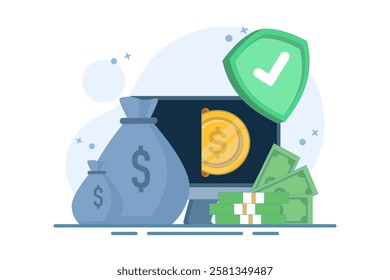Online Transaction Concept. Mobile payment and online payment via mobile phone. Secure transaction and secure payment. Payment card security. Mobile financial transfer. Flat vector illustration.