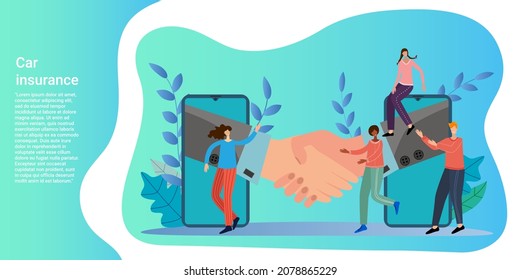 Online transaction.The concept of remote business.Electronic signature and online transaction.People on the background of smartphones conclude an agreement.Poster in business style.