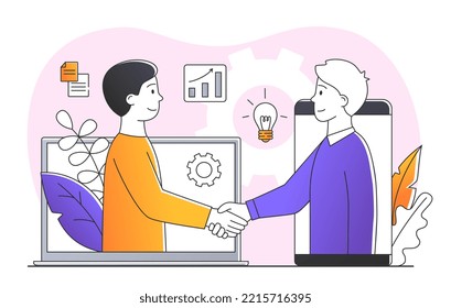 Online transaction conclusion. Electronic payments, modern technologies and digital world. Men shake hands. Partnership and collaboration. Transfer on Internet. Cartoon flat vector illustration