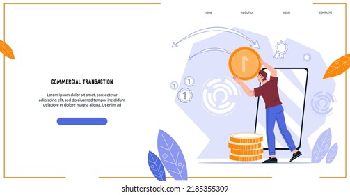 Online transaction and internet banking web site banner template with man using mobile app for commercial and financial activity, flat cartoon vector illustration.