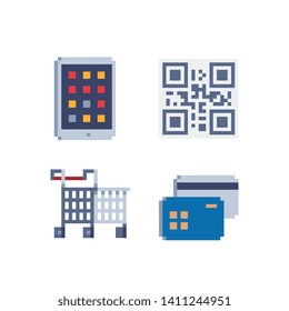 Online transaction pixel art icons set. Transaction code. Smartphone, credit card, QR Code and trolley cart. Isolated vector illustration. Design for logo, sticker, app.