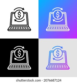 Icono de línea delgada de transacción en línea: abrir un portátil con un símbolo de cambio en flechas con un dólar. Ilustración vectorial moderna.