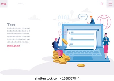Online transaction via computer. Electronic receipt, invoice.  Vector illustration for web banner, infographics, mobile. Digital bill for internet banking.