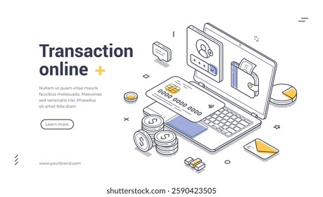 Online transaction web banner template. It showcases a laptop, digital wallet, and currency symbols, perfect for promoting financial services. Modern isometric vector illustration