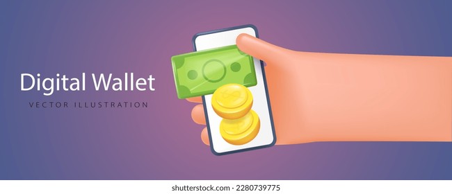 Online transactions, digital currency, digital wallet with money, concept banner in realistic 3d style. Online banking, payment for services, wallet in the phone in the user hand.