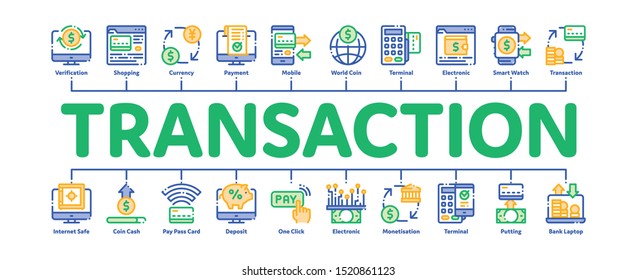 Online Transactions Minimal Infographic Web Banner Vector. Online Transactions, Secure Financial Payment Operation Linear Pictograms. Internet Banking Money Deposit, Currency Exchange Illustrations