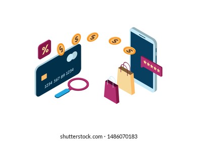 online transactions using a credit card with isometric style design