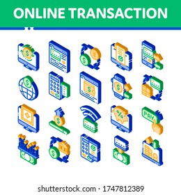 Juego de iconos vectores de transacciones en línea. Operaciones en línea, Pictogramas de Operaciones de Pago Financiero Seguro. Depósito de Dinero Bancario en Internet, Cambio de Divisas Isométricas