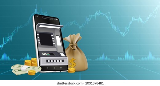 Online transactions via banking applications with mobile internet similar to a cash machine offer deposit, withdrawal, purchase. Safely sell, pay, and transfer all currencies, financial institutions