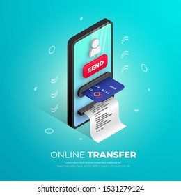 Online Transfer Banner Design. Mobile Bank Isometric Template With Smartphone ATM, Credit Card, User Icon And Button. Online Payment 3d Concept, Sending Money Vector Illustration For Web, Apps, Ad