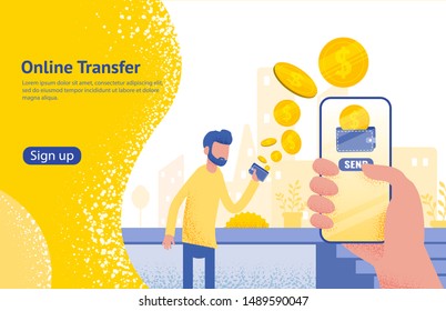 Online transfer concept with hand holding smartphone and press send button, template, web, poster, banner, mobile app, UI, vector illustration