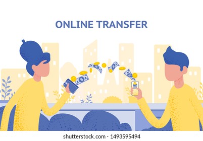 Online transfer concept with hand holding smartphone and press send button, template, web, poster, banner, mobile app, UI, vector illustration