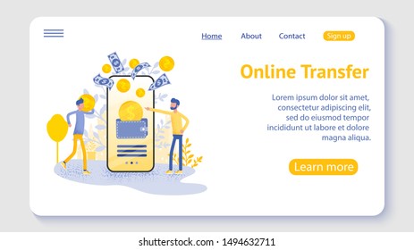 Online transfer concept with hand holding smartphone and press send button, template, web, poster, banner, mobile app, UI, vector illustration