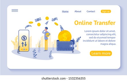 Online transfer concept with hand holding smartphone and press send button, template, web, poster, banner, mobile app, UI, vector illustration