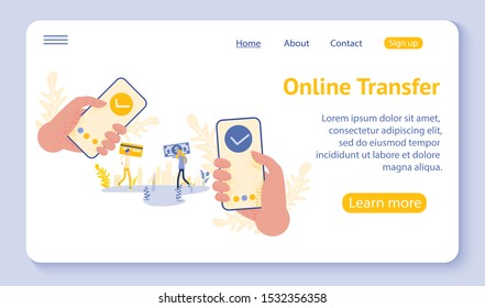 Online transfer concept with hand holding smartphone and press send button, template, web, poster, banner, mobile app, UI, vector illustration