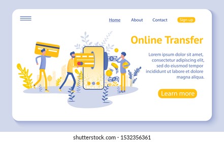Online transfer concept with hand holding smartphone and press send button, template, web, poster, banner, mobile app, UI, vector illustration