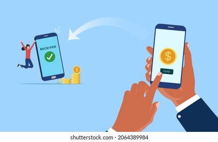 Transferencia en línea de dinero usando el concepto de smartphone, pago sin efectivo, teléfono de mano para las transacciones ilustración vectorial