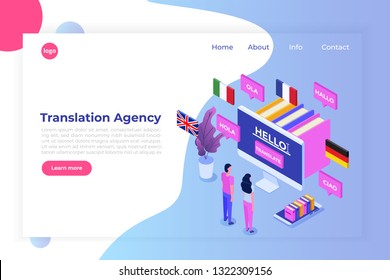  Online Translation agency isometric concept. Interpretation services. Vector illustration