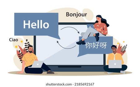 Online translation concept. Men from different countries communicate on Internet, modern technology and digital world. Word translation app, multicultural interaction. Cartoon flat vector illustration