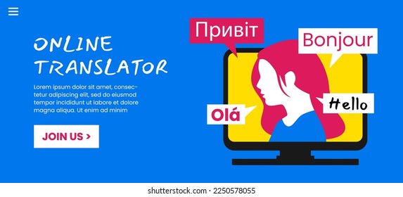 Online Translation Languages Communications Web Banner Template Design Vector