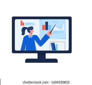 Online Translation Of Webinar Video Training Internet Education At Computer Monitor Isolated On White. Business Woman E-learning With Chart And Isometric Graphic On Screen Vector Flat Illustration