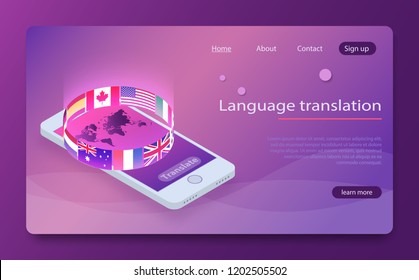 Online translator concept isometric vector illustration. Smartphone with flags of different states and world map on the screen concept translator app. Foreign language online learning isometric vector