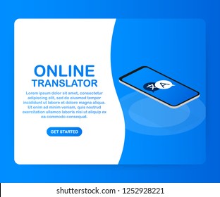 Online translator concept isometric vector illustration. Smartphone with flags of different states and world map on the screen concept translator app. Vector stock illustration.